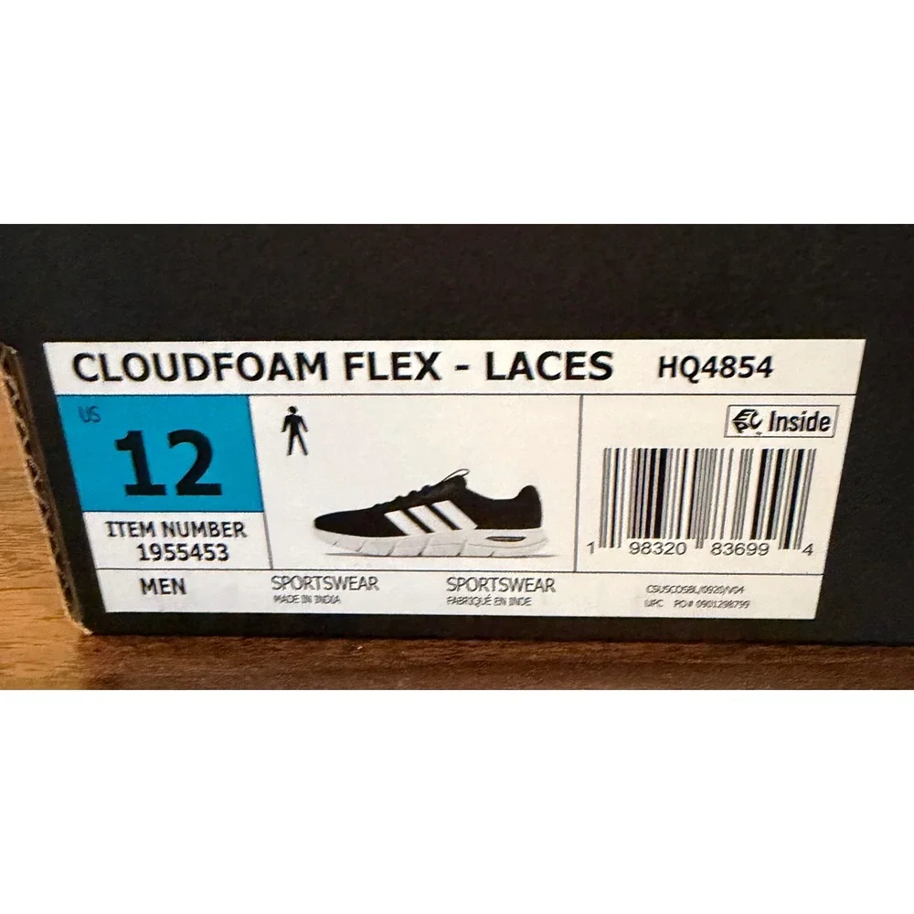 NWT Adidas Cloudfoam Flex Laces Mens 12 Fit Black White Sneakers HQ4854 Classic